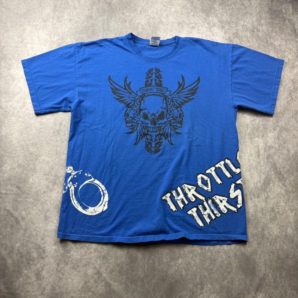 Gildan Dumont Dunes Throttle Thirst Blue Graphic T-Shirt Mens XL Skull Pistons